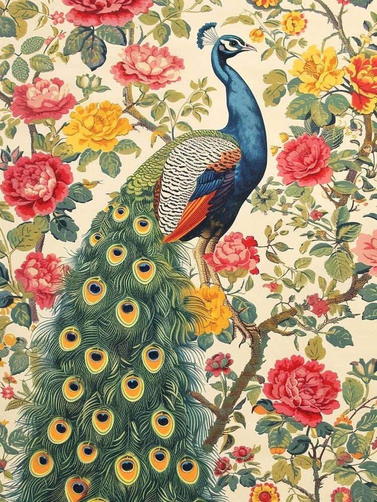 Vintage Peacock With Colourful Flowers