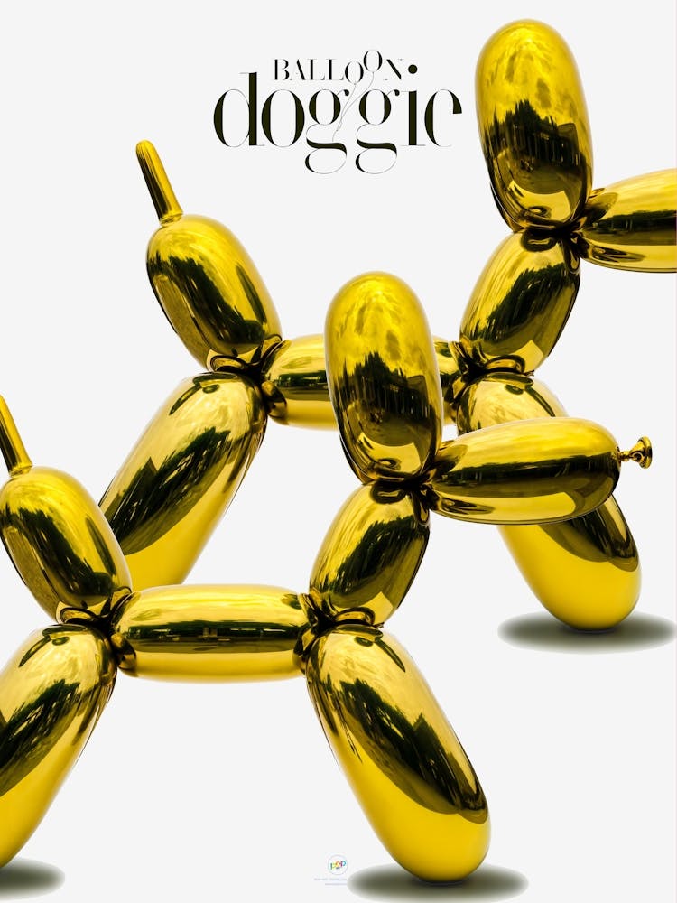 BALLOON DOGGIES GOLD | Digital art | Pop Art World 2025 This character was invented by someone who played with making figures with balloons. Suddenly, in his skillful hands appeared this little dog, today baptized by Pop Art World as Balloon Doggie. This artwork was created using Adobe Illustrator and Photoshop. The best of Pop Art images, now in digital replicas! Prints with bright colors, sharp images, and high resolution.
