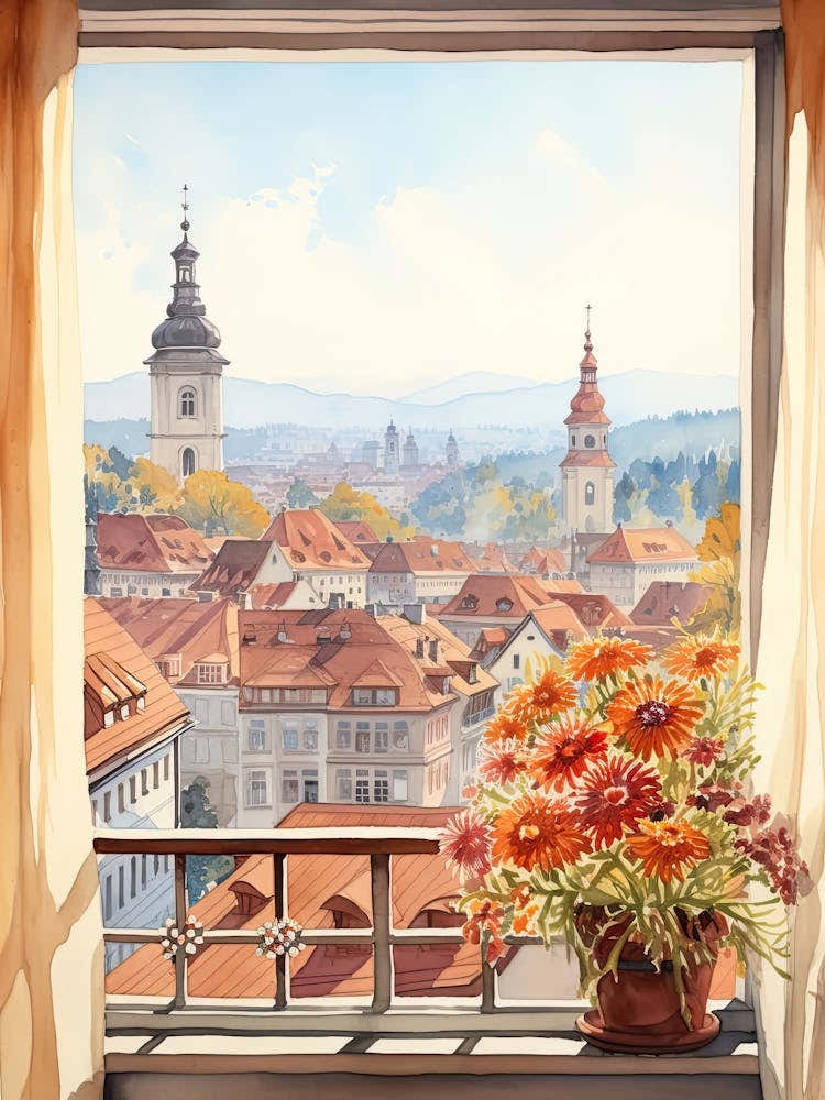 Window View Of Ljubljana Slovenia In Autumn Fall, Watercolour 3