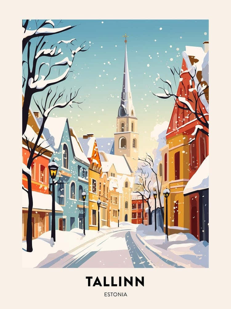 Vintage Winter Travel Poster Tallinn Estonia 4