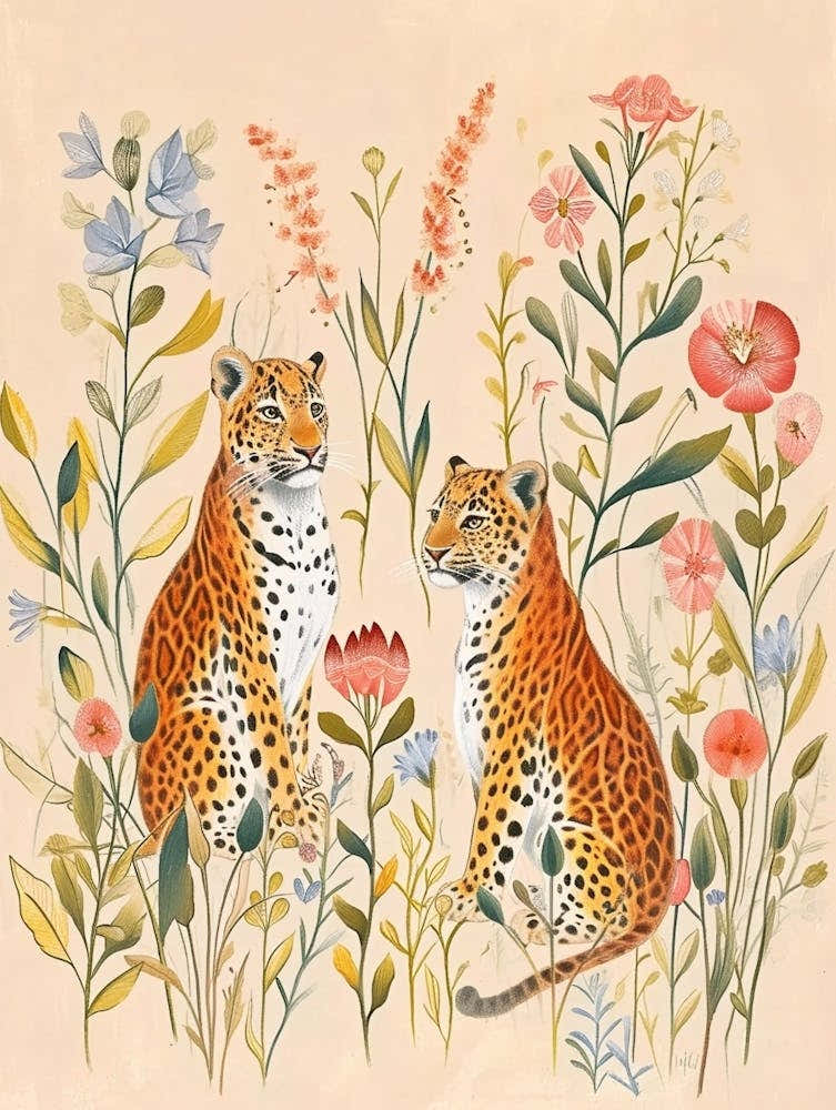Folksy Floral Animal Drawing Leopard