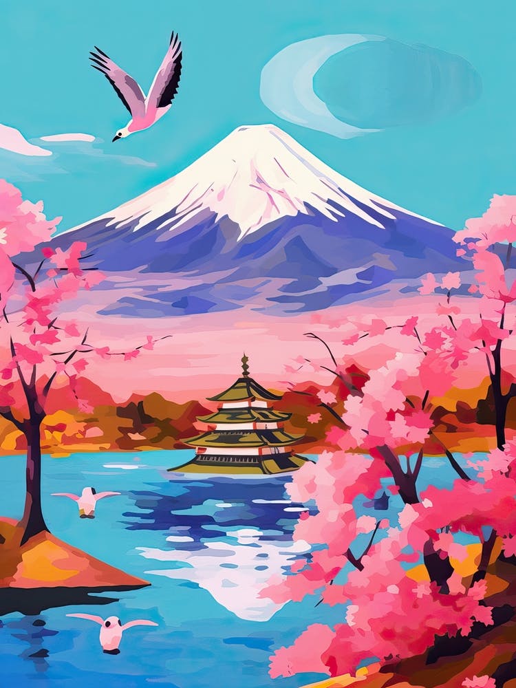 Japan Mount Fuji Travel Cherry Blossoms Painting