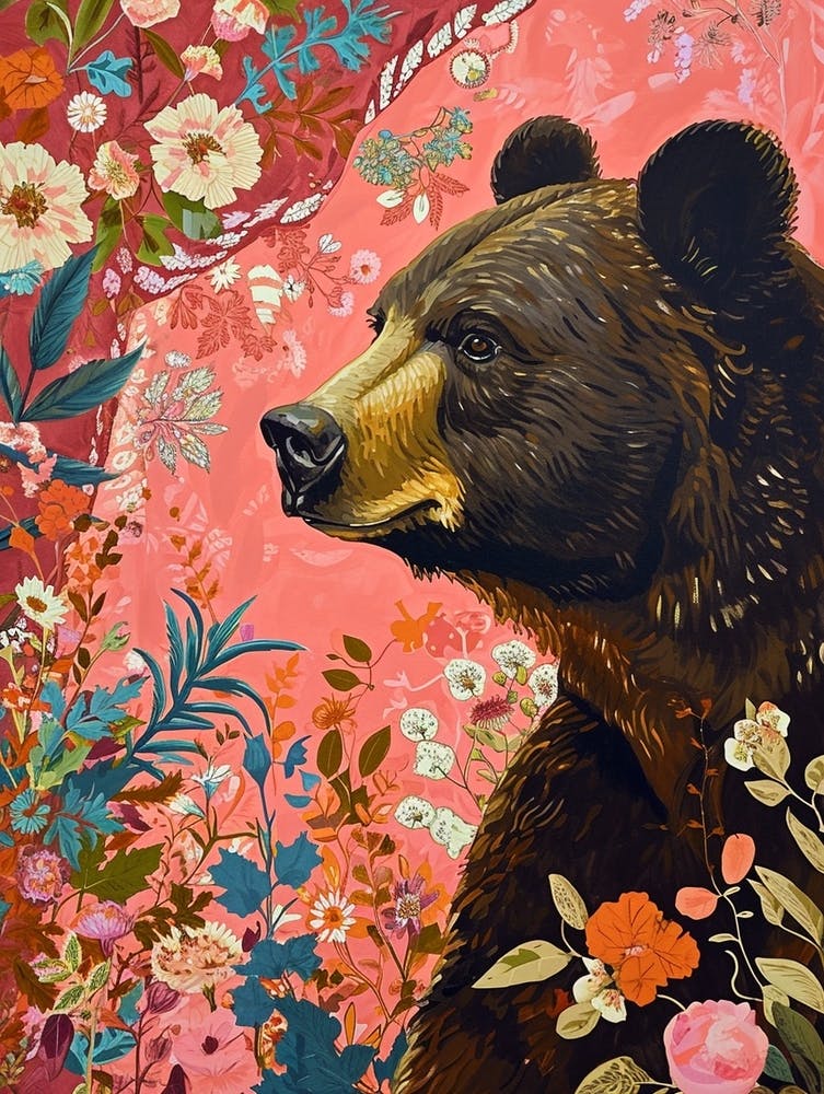 Floral Animal Painting Brown Bear 2