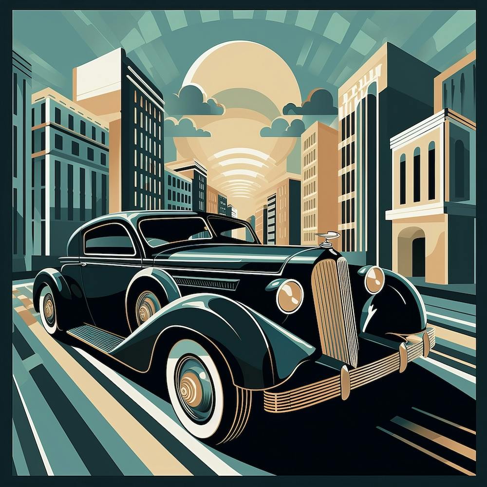 Art Deco-inspired sleek vintage car against cityscape