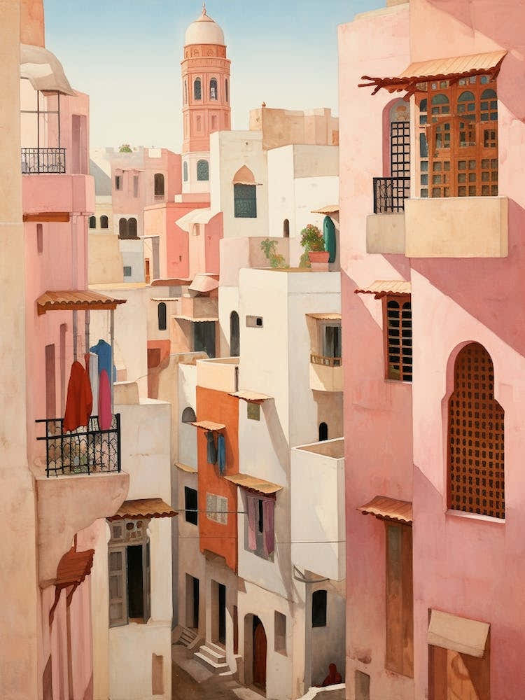 Tangier Morocco 8 Vintage Pink Travel Illustration