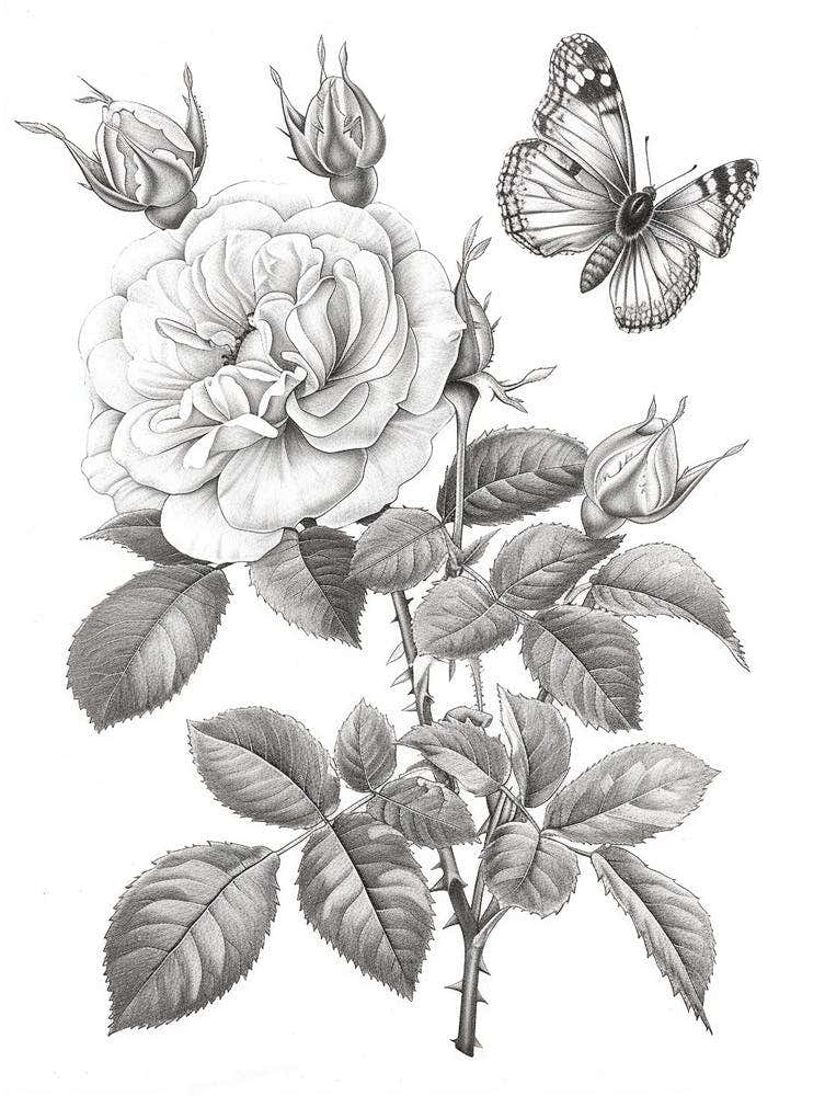 Rose With Butterfly Line Drawing 4