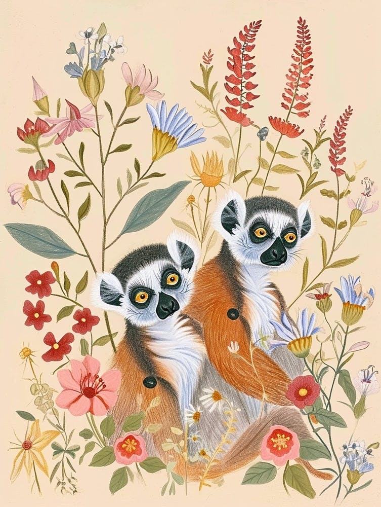 Folksy Floral Animal Drawing Lemur