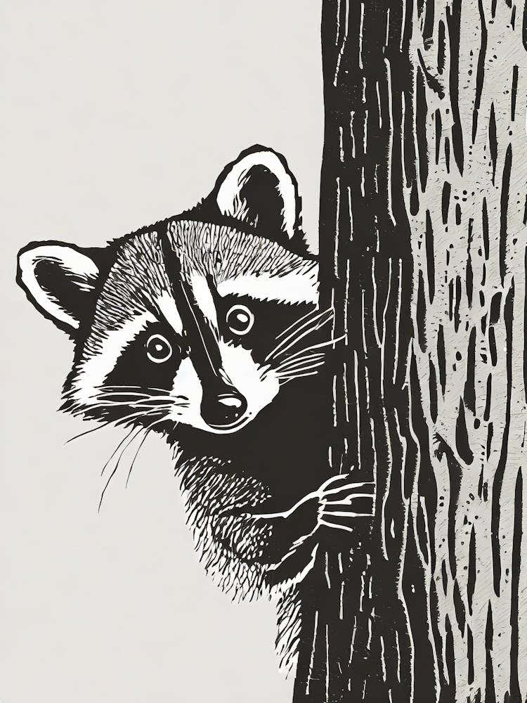 Curious Raccoon Peering From Behind A Tree