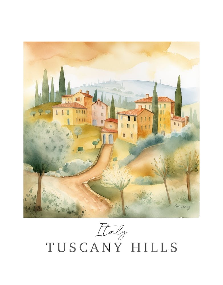 Italy Tuscany Hills Storybook 5 Travel Poster Watercolour