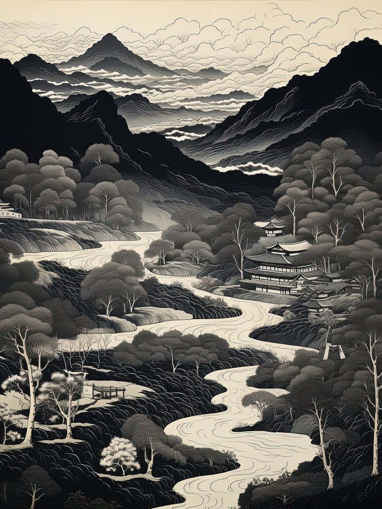 Iya Valley In Tokushima, Ukiyo E Black And White Line Art Drawing 1