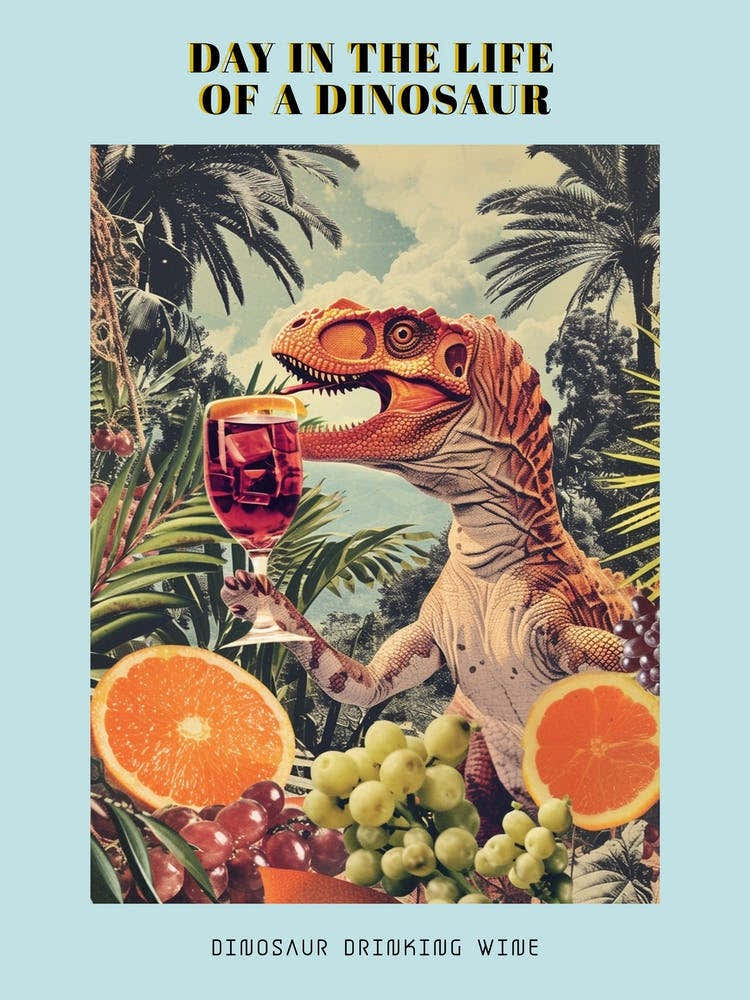 Dinosaur Drinking Wine Retro Collage 1 Poster