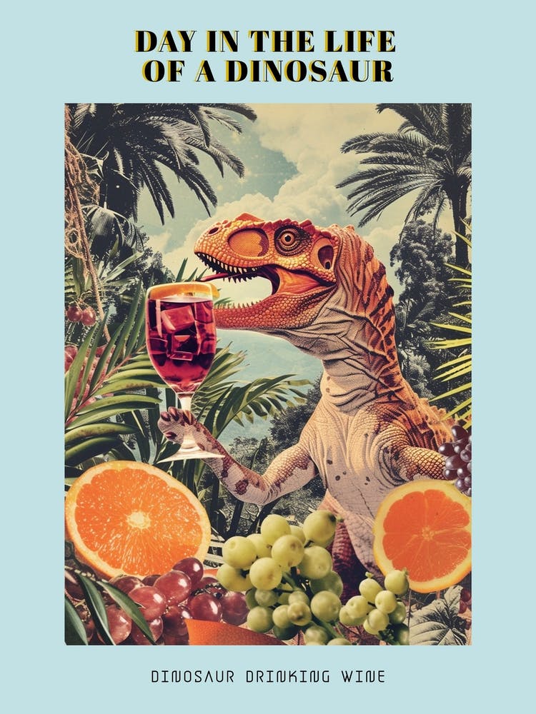 Dinosaur Drinking Wine Retro Collage 1 Poster
