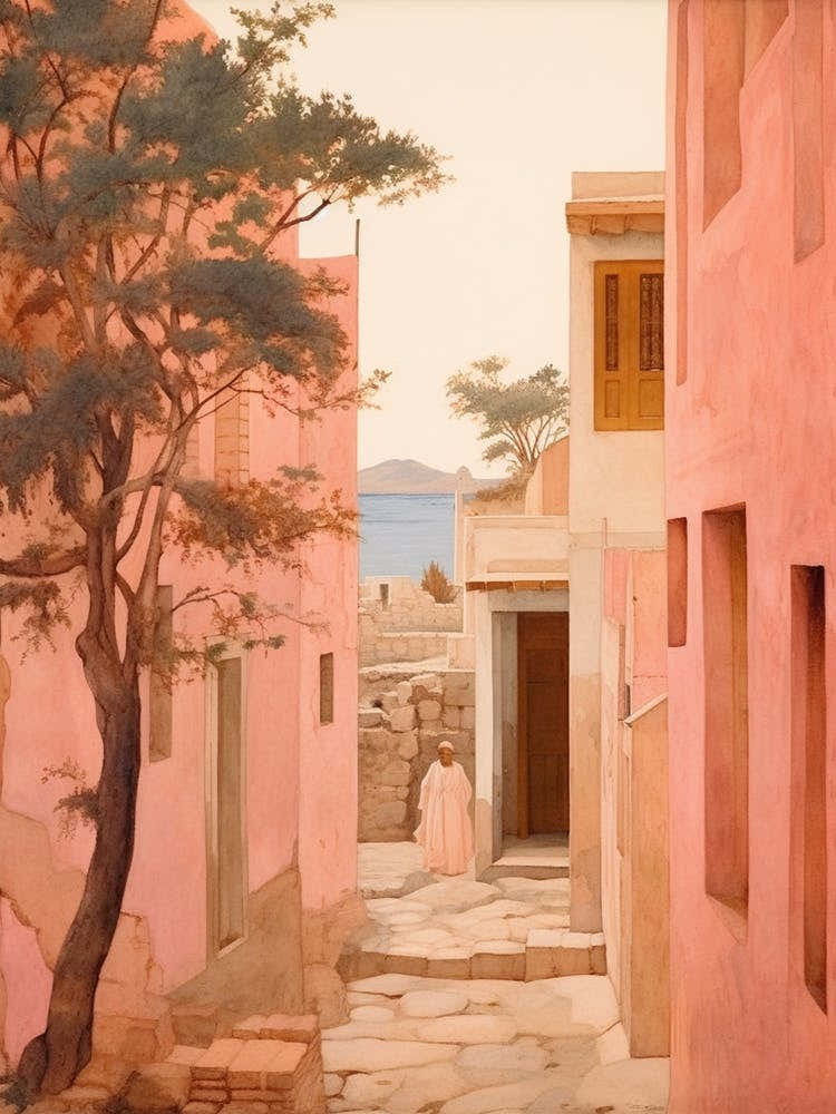 Paphos Cyprus 1 Vintage Pink Travel Illustration