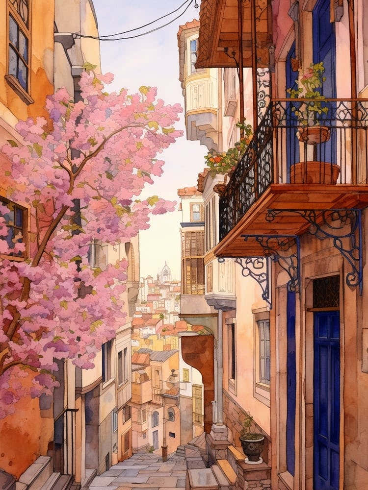 Istanbul Turkey 3 Vintage Pink Travel Illustration