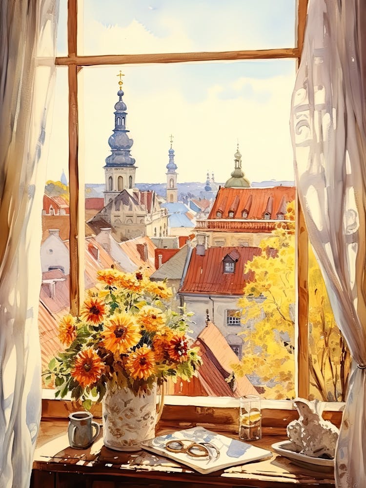 Window View Of Vilnius Lithuania In Autumn Fall, Watercolour 3
