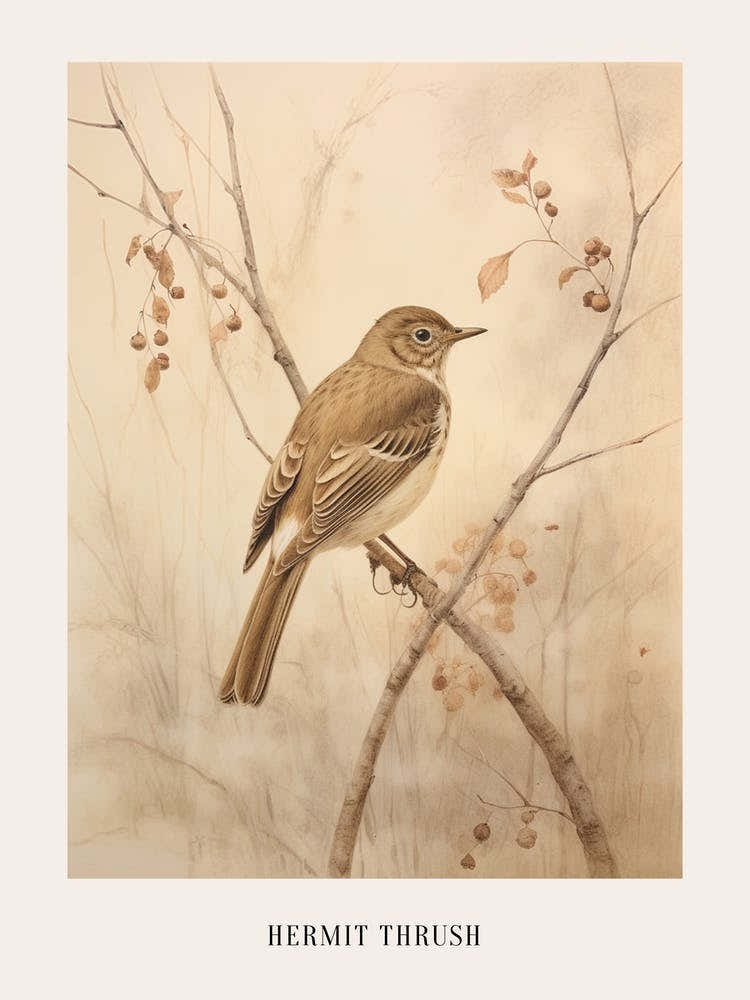 Vintage Bird Drawing Hermit Thrush 2 Poster