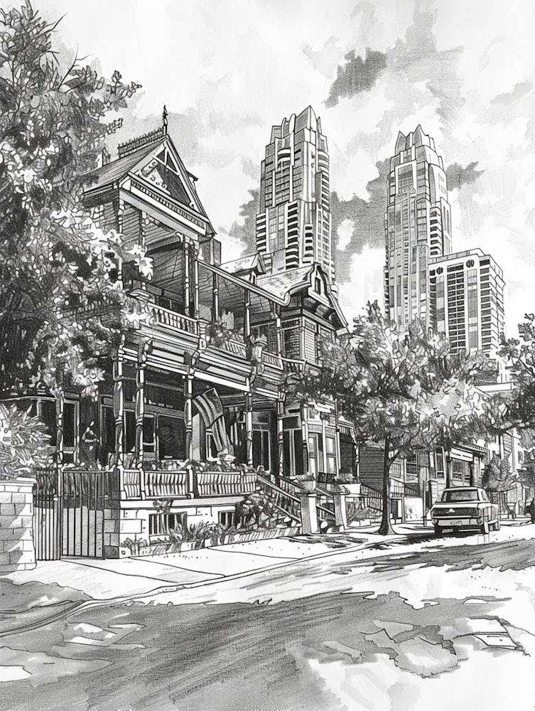 Rainey Street Historic District Austin Texas Black And White Drawing 2