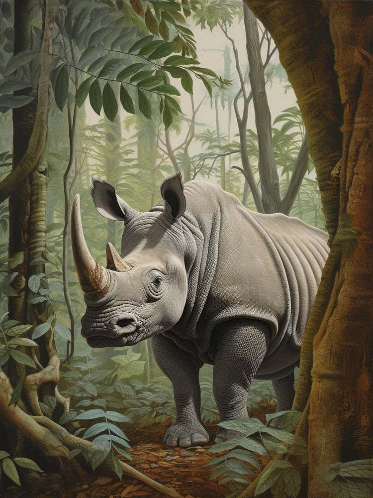 Rhino In The Shadows Of The Trees Realistic Illustration 3