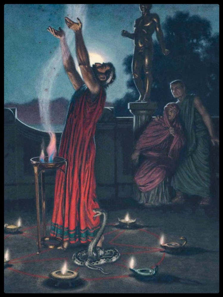 "Sacrifice Inside A Heptagram" 1911 (Rare) by Norman Ault (1880-1950), a British artist. Watercolor, Ink, and Gouache Painting Depicting a Ritual Scene Within a Heptagram.