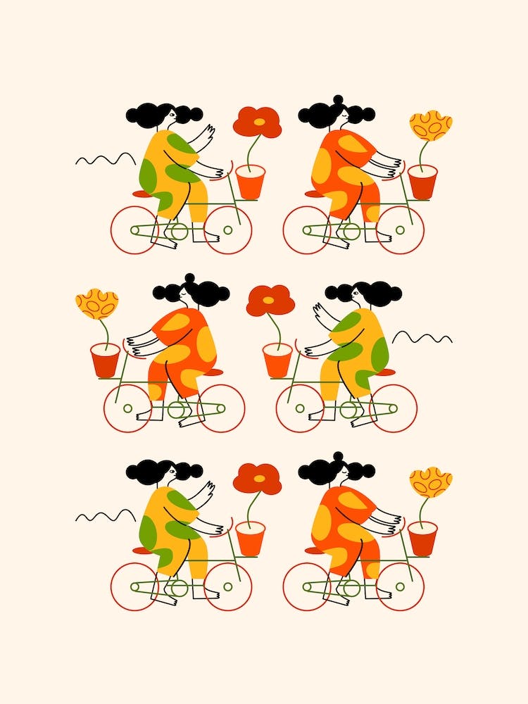 Women Riding Bycicle Illustration Set