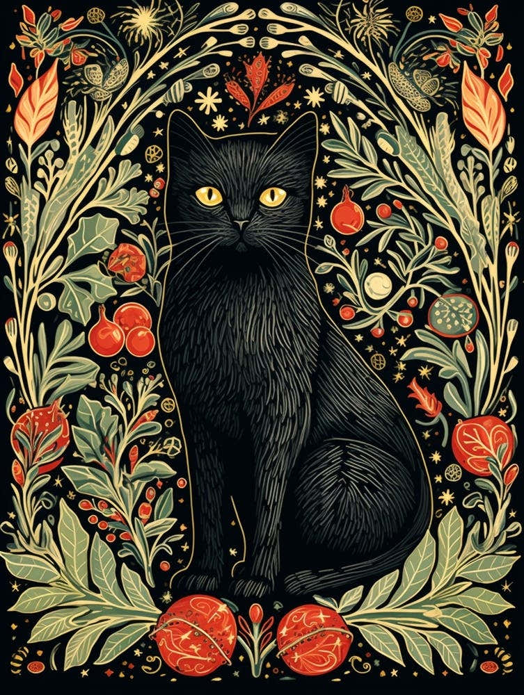 William Morris Style Christmas Cat 3