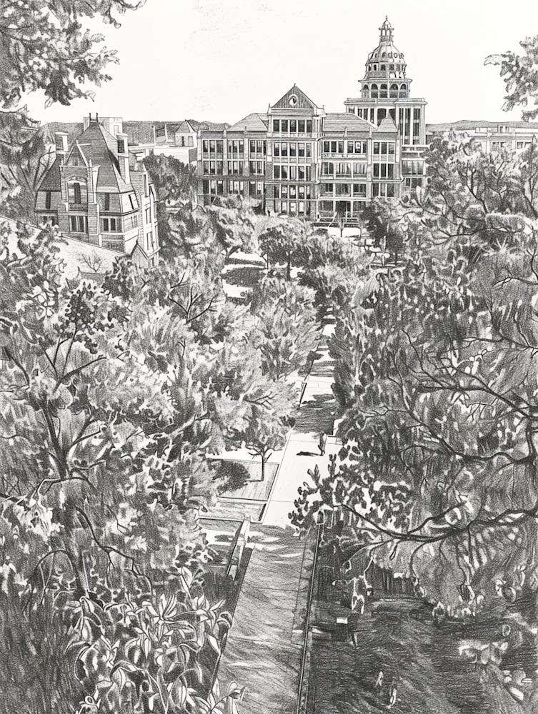 The University Of Texas At Austin Texas Black And White Drawing 1