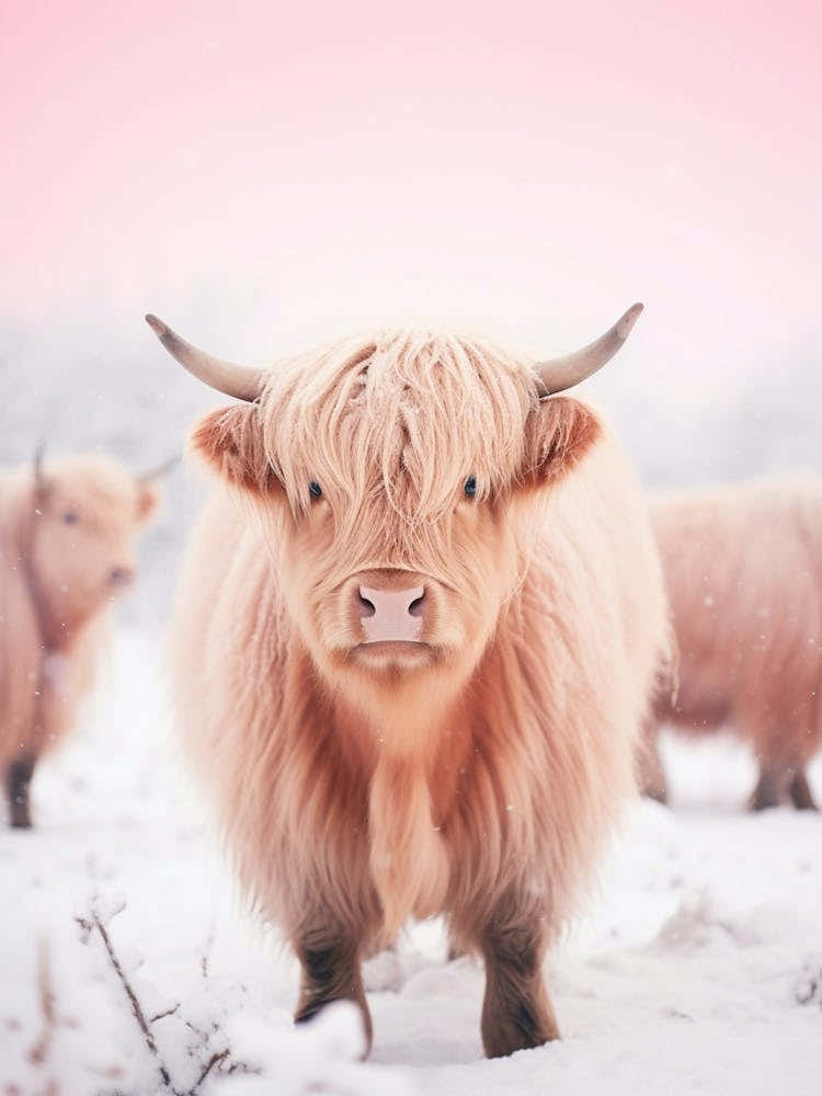 Highland Cow In The Snow Realistic Pink Photography 1