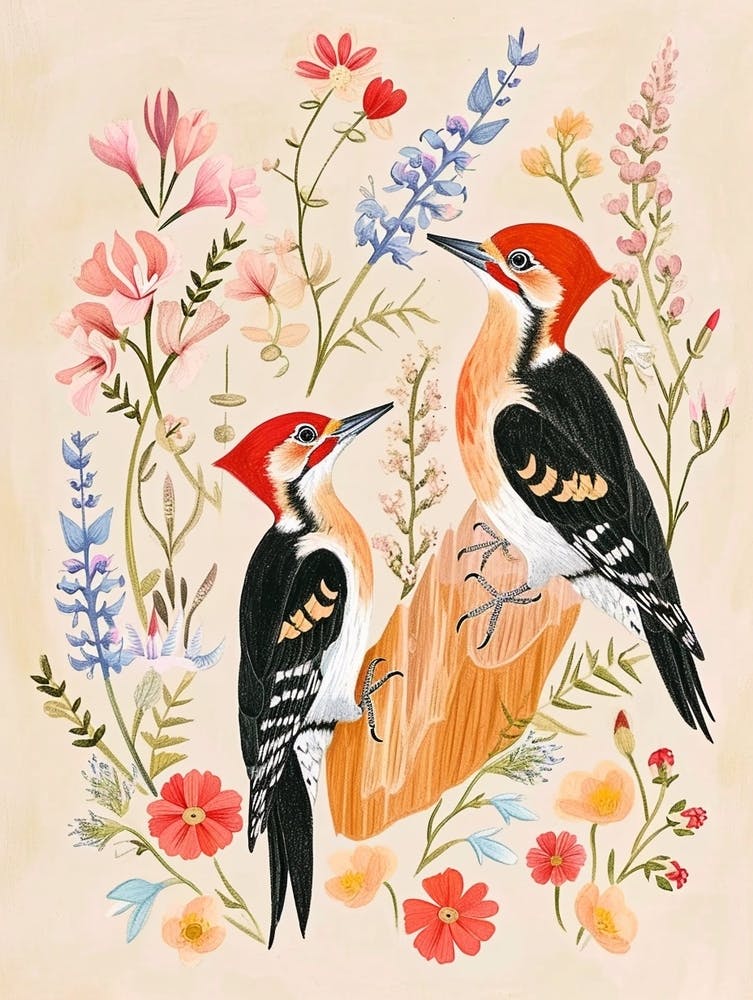 Folksy Floral Animal Drawing Woodpecker 2
