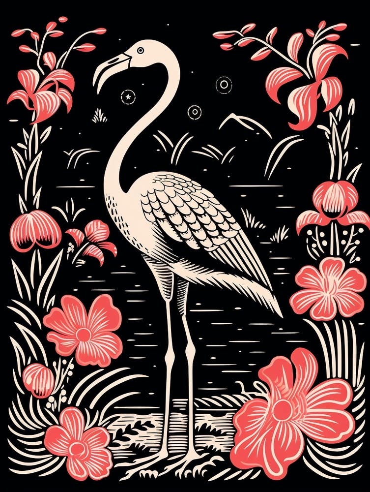 Vintage Bird Linocut Flamingo 1