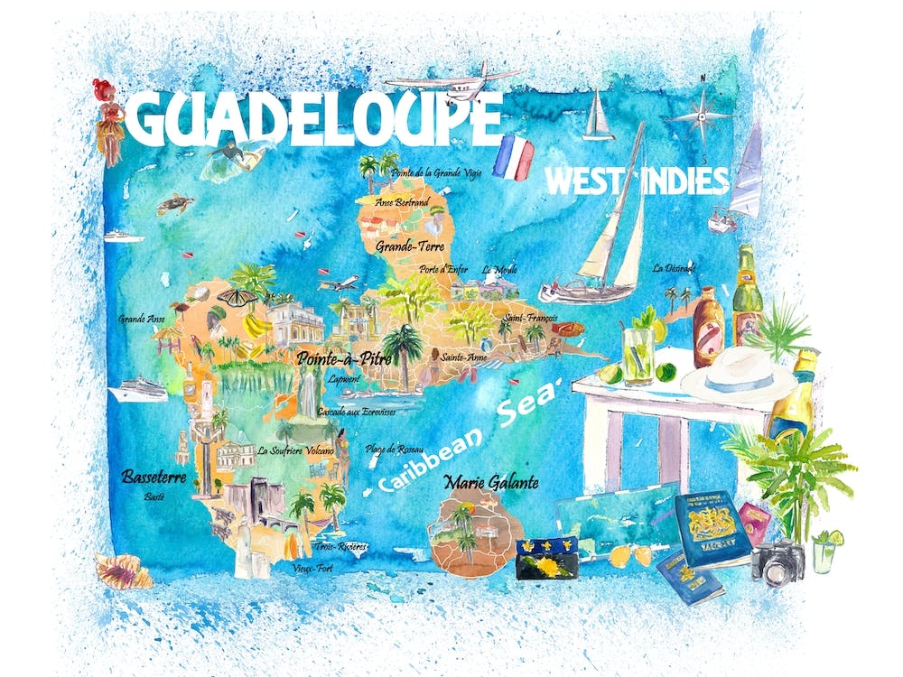 Guadeloupe West Indies Illustrated Travel Map With Roads And Highlights