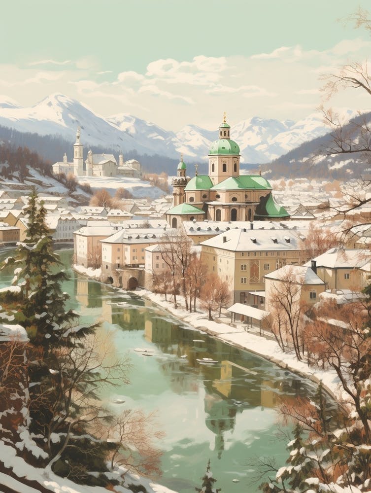 Vintage Winter Illustration Salzburg Austria 6