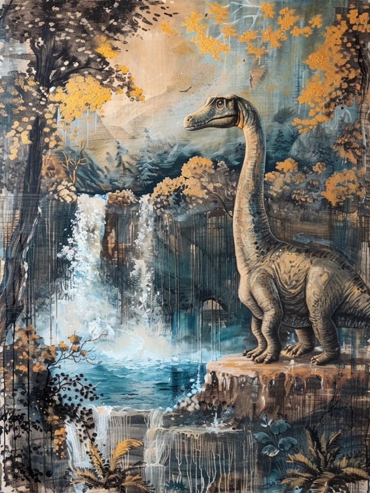 Dinosaur By A Waterfall Painting 1