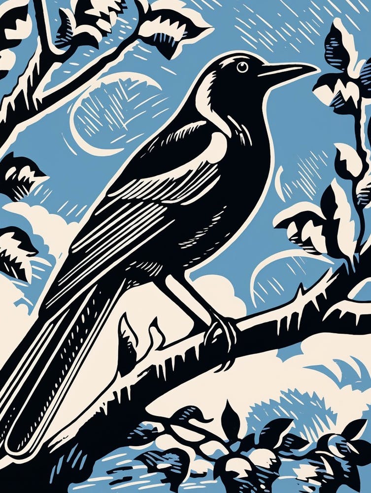 Vintage Bird Linocut Magpie 2