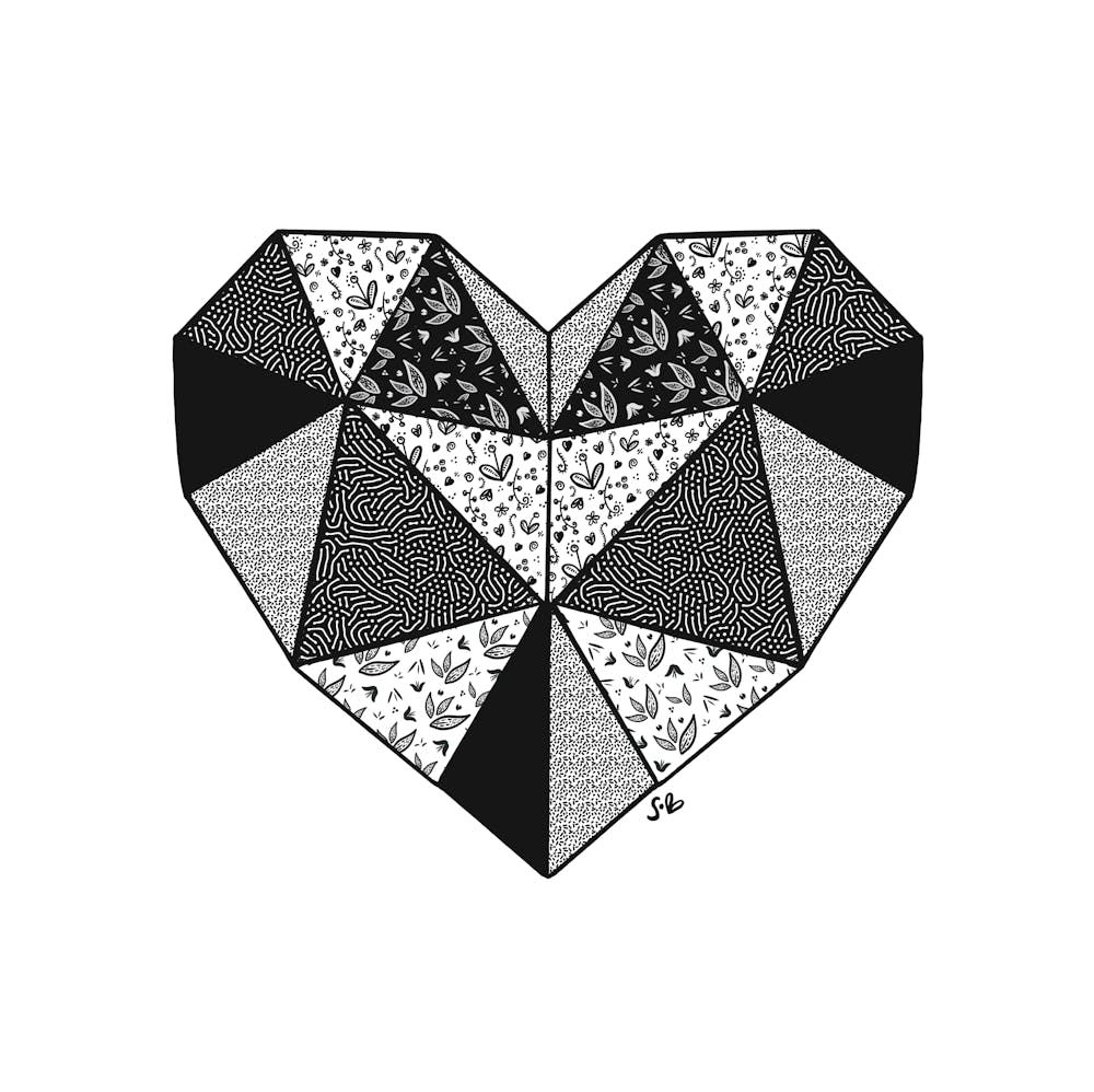 Floral Patchwork Heart Black and White