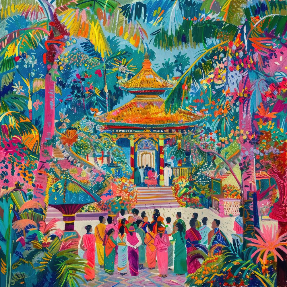 Balinese Temple Ceremony in Style of David Hockney 1