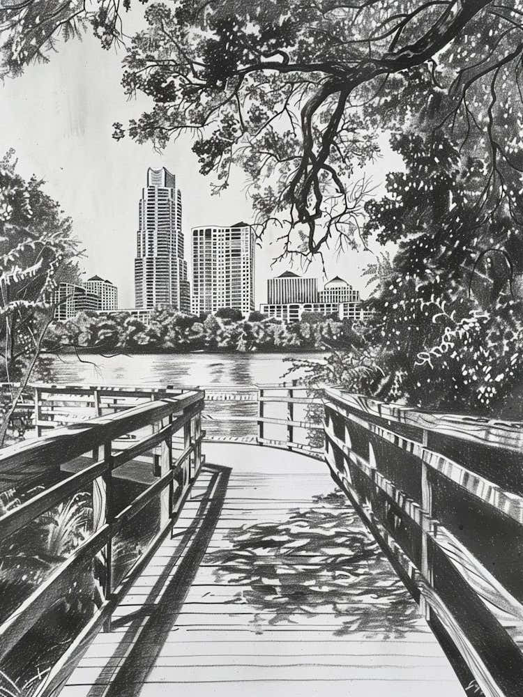 Lady Bird Lake And The Boardwalk Austin Texas Black And White Drawing 2