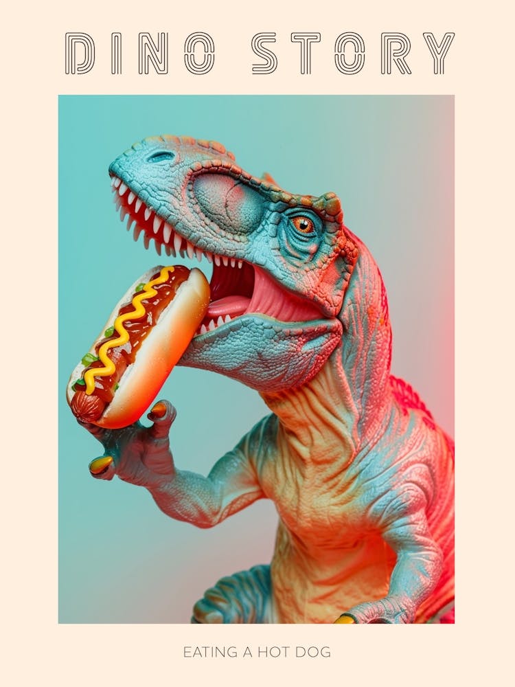 Pastel Toy Dinosaur Eating A Hot Dog Poster