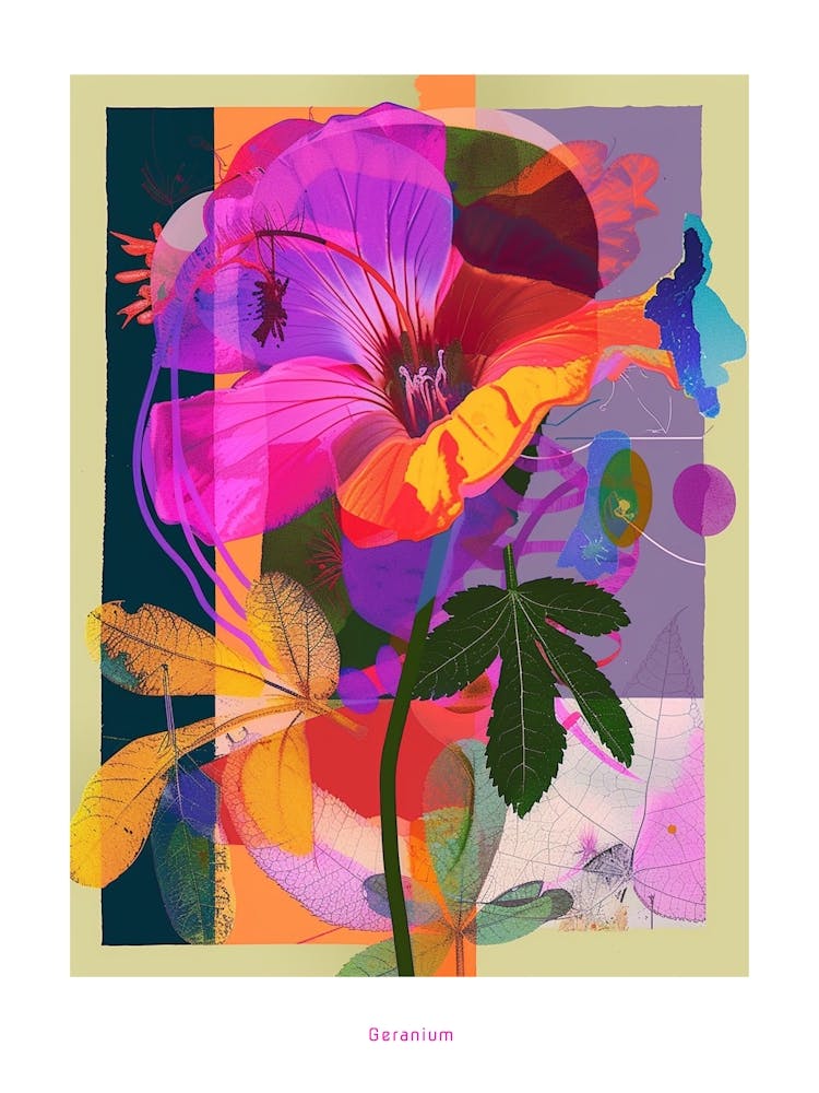 Geranium 2 Neon Flower Collage Poster