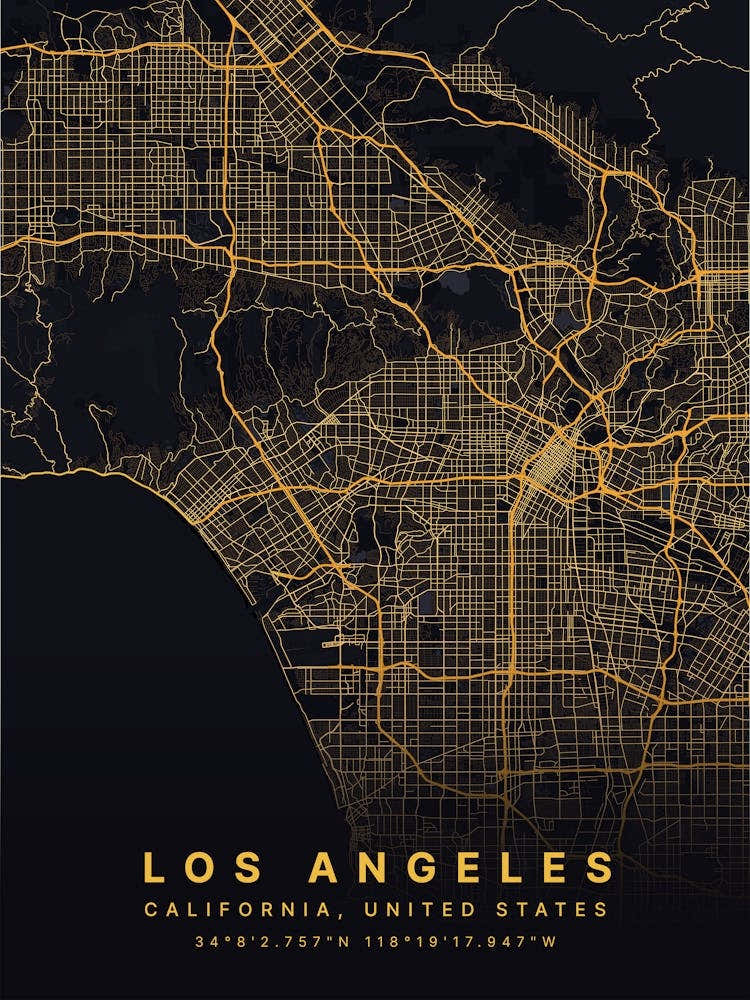 Los Angeles California USA Black And Gold Map