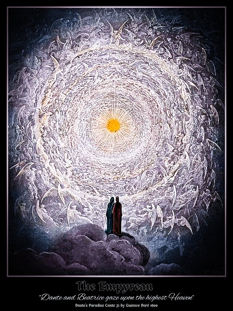 The Empyrean "Dante and Beatrice Gaze Upon the Highest Heaven" The White Rose, Dante's Paradiso Cante 31 by Gustave Dore 1900 (Angels) A Saintly Throng Form a Rose in the Empyrean. Biblical Renaissance Remastered Famous Inferno With Text 1