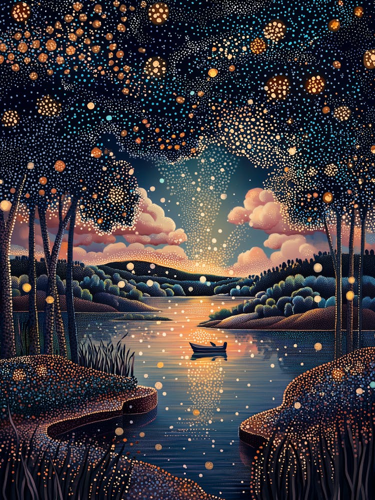 Starry Night River In Pointillist Style Poster