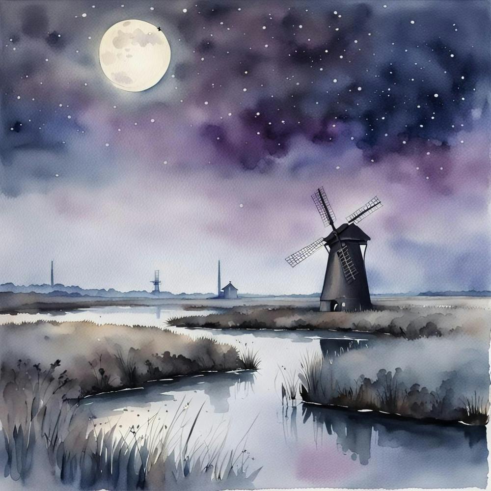 mill on the fens in moonlight