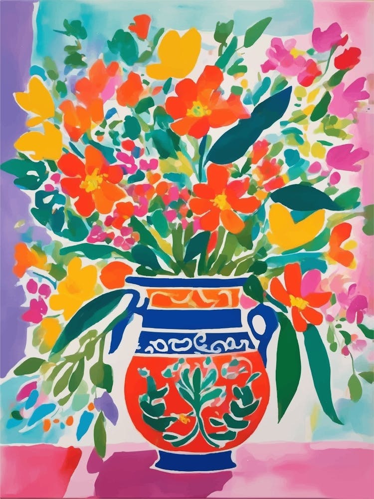 Gouache Painting Colorful Flowers In A Vase