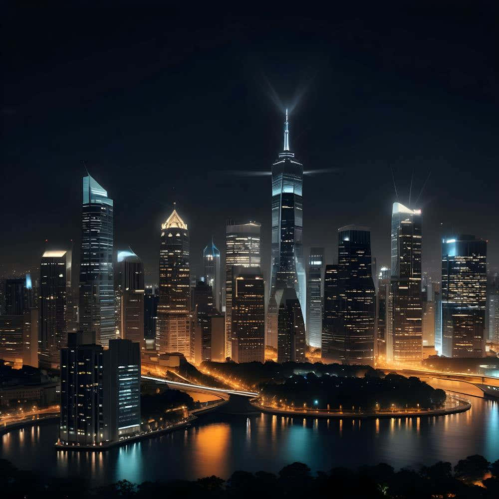 Cityscape At Night >>> the mesmerizing beauty of a bustling urban environment illuminated by the twinkling lights of skyscrapers, buildings, and street lamps against the backdrop of the dark night sky. The skyline is alive with vibrant colors and dynamic