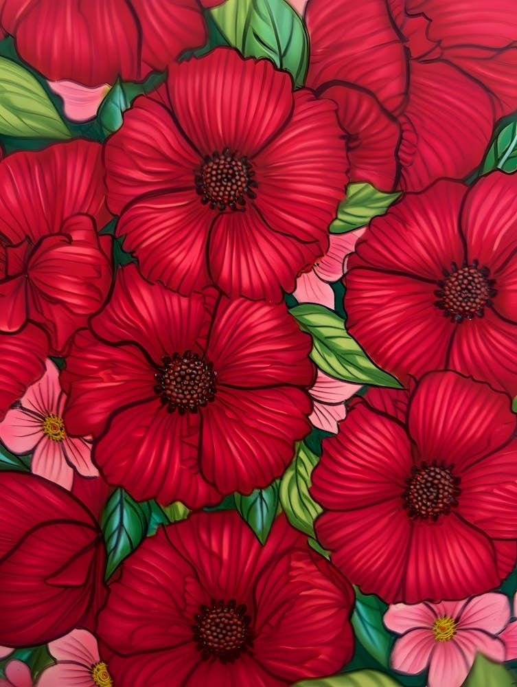 Vibrant Red Flower Bouquet: Bold Floral Art with Pink Accents