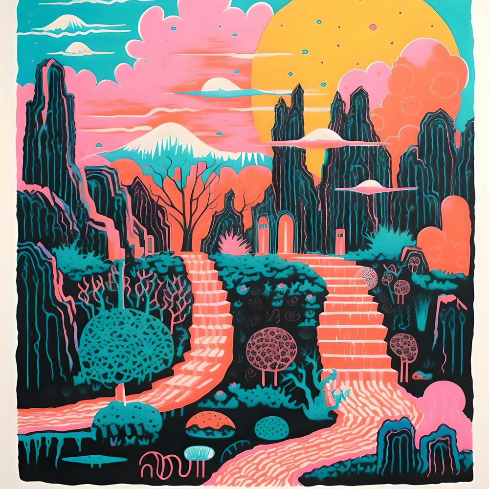 Vibrant Surreal Risograph Style Landscape, Alien