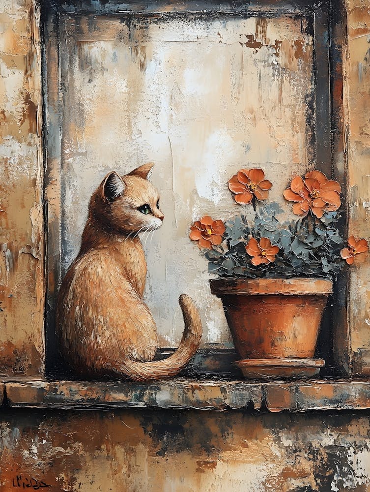 Cat In Window With Flowers 23