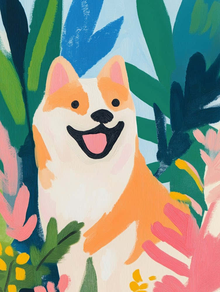 Happy Chiba Inu Dog Portrait Gouache Painting