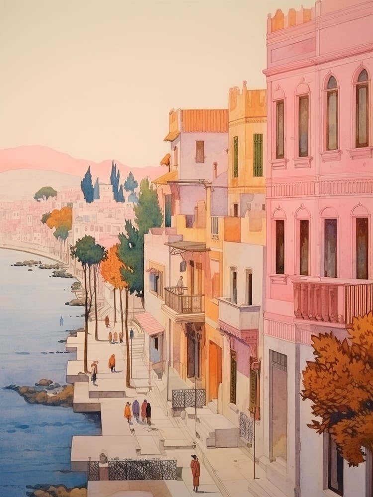 Izmir Turkey 4 Vintage Pink Travel Illustration