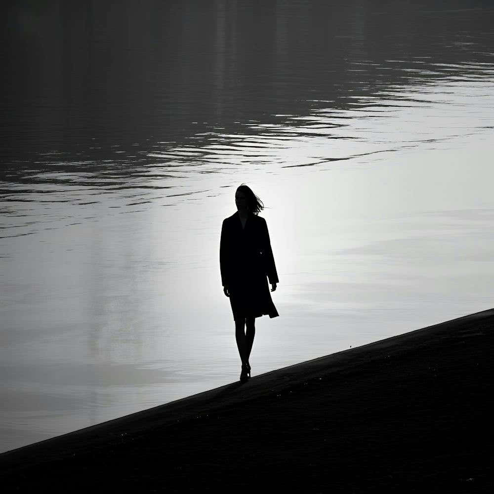 Silhouette Of A Woman Walking By The Water